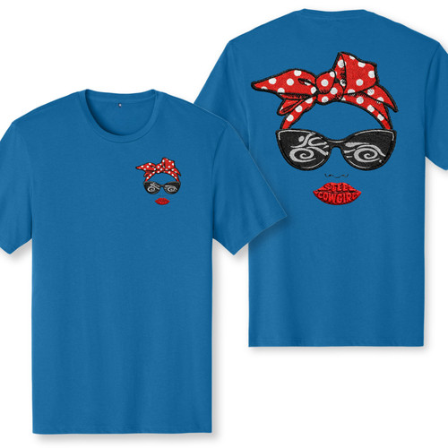 Steel Cowgirl Shades unisex crewneck motorcycle T-shirt in bright blue with small front and large back graphic