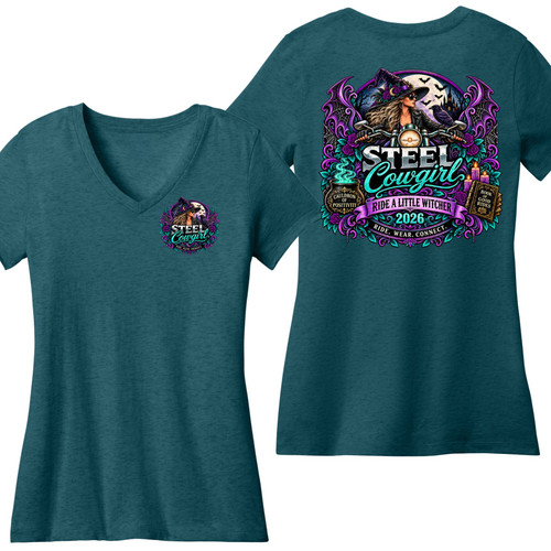 Ride A Little Witchier women's short sleeve V-neck motorcycle shirt in Heathered Teal with small front and large back graphic