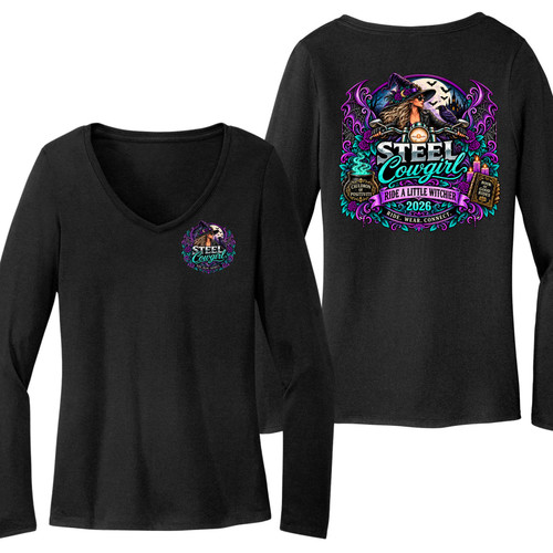 Steel Cowgirl Ride A Little Witchier black long sleeve V-neck shirt with small left chest and large back motorcycle witch graphic