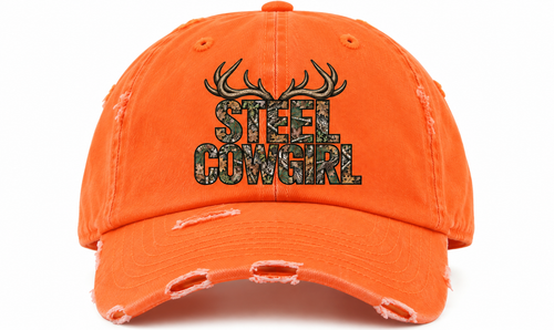 Steel Cowgirl Woodland Camo Antler distressed Safety Orange hat with camo front graphic