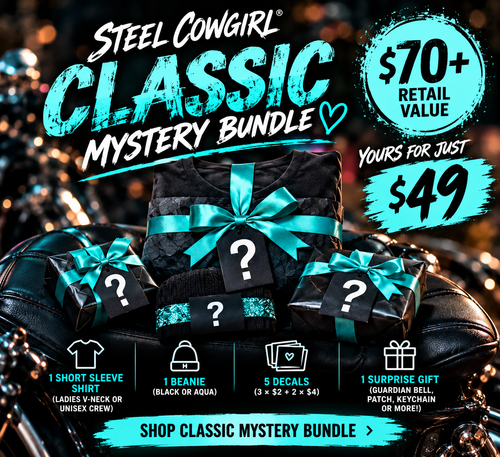 Steel Cowgirl Classic Mystery Bundle – Women's motorcycle graphic tee, beanie, decals and surprise gift
