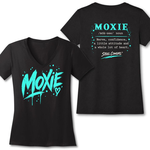 Steel Cowgirl Street MOXIE black women's V-neck T-shirt with aqua front graphic and MOXIE definition on back