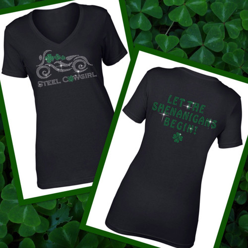 "Let The Shenanigans Begin" Sparkling Crystal Irish Green Short Sleeve V-Neck (Graphics are protected by copyright laws, unauthorized use is prohibited