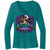 Steel Cowgirl Ride A Little Witchier heather teal women’s long sleeve V-neck shirt with large front motorcycle witch graphic