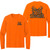 Safety Orange Steel Cowgirl long sleeve tee showing small left chest and large back woodland camo antler graphics