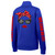 Back view of Steel Cowgirl Shades royal blue women's zip up jacket featuring large retro sunglasses and red polka dot bandana graphic with faux embroidery detailing and red sleeve lettering.