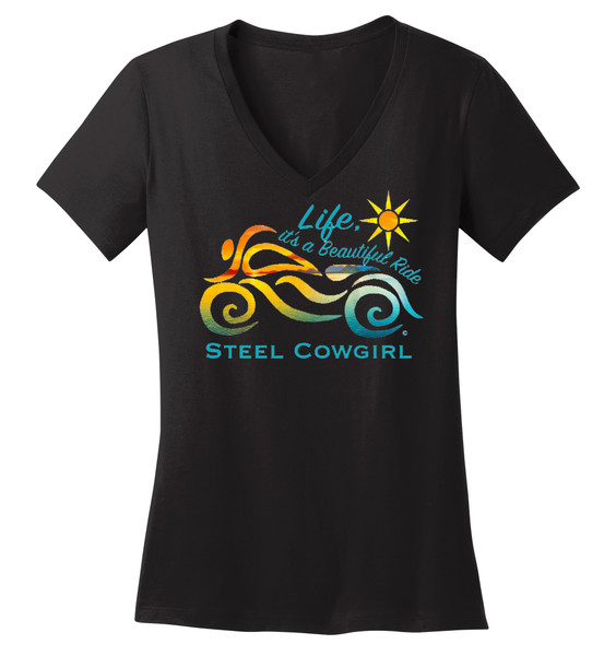 Life, It's A Beautiful Ride Black Short Sleeve V-Neck Motorcycle Shirt * Graphics are protected by copyright laws and Steel Cowgirl is a trademark protected name, unauthorized use is prohibited.