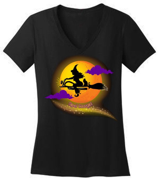 Moto Witch, The Motorcycle Riding Witch vneck tshirt  * Graphics are protected by copyright laws, unauthorized use is prohibited
