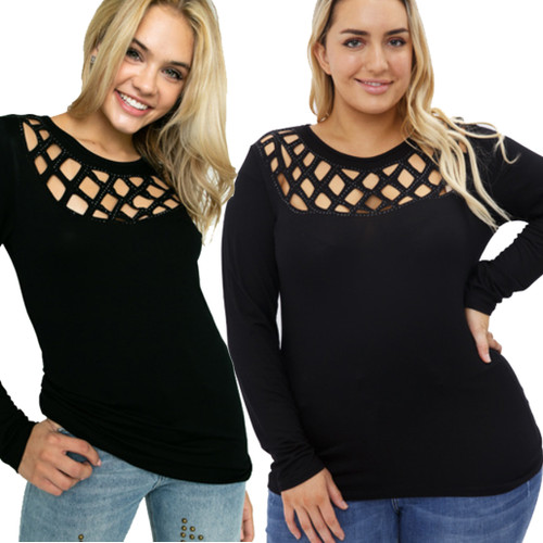 Crystal Embellished Laser Cut Detail Long Sleeve Top