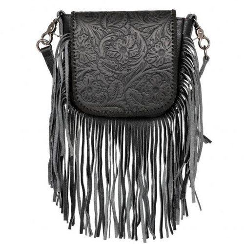 Genuine Leather Tooled Fringe Hip Clip Bag - Black/Turquoise