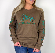 Turquoise Stone Motorcycle Long Sleeve Brown Crewneck T-Shirt * Graphics are protected by copyright laws and Steel Cowgirl is a trademark protected name, unauthorized use is prohibited.