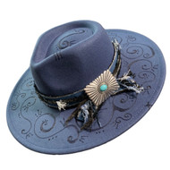 One Of A Kind Hand Burned "Marfa Nights" Indigo Blue Rancher Style Cowboy Hat by Steel Cowgirl