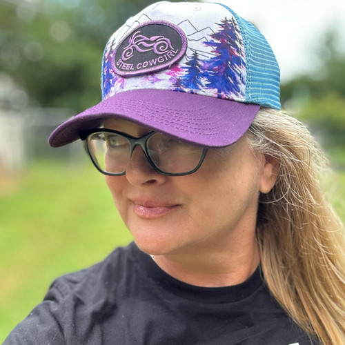 Mountain Motorcycle Ride Purple Blue Trucker Hat display picture 1