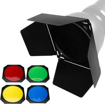 Godox BD-04 Barn Door and Honeycomb Grid and 4 Color Gel Filters (Red Yellow Blue Green) Compatible for Standard Reflector