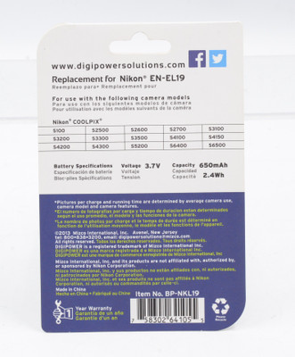 Digipower Digital Replacement Battery EN-EL19 for Nikon S100, S3100, 3200, 3300, 4100, 4200, 4300, 5200, 6400, and 6500 (Black)