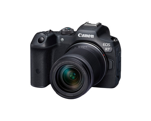 Canon EOS R7 Mirrorless Camera view from front with lens. 