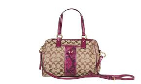 Coach 24884 Khaki & Raspberry Signature Stripe Python Satchel Handbag
