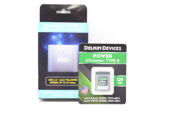 Delkin Devices 128GB POWER CFexpress Type B + USB 3.2 CFexpress™ Type B Single Slot Memory Card Reader Bundle