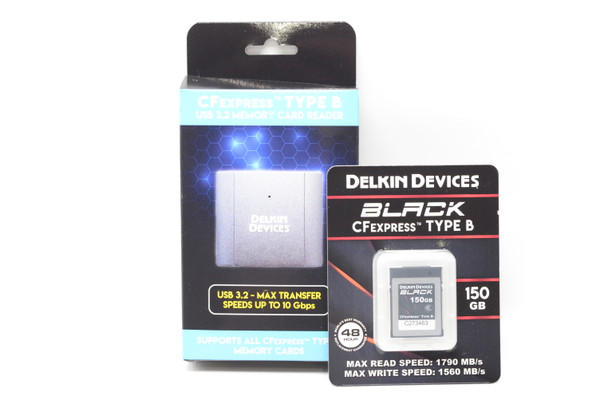 Delkin Devices 150GB BLACK CFexpress Type B Memory Card + USB 3.2 CFexpress™ Type B Single Slot Memory Card Reader Bundle