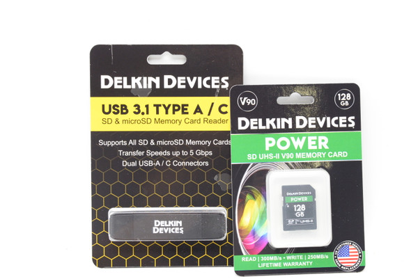 Delkin Devices 128GB POWER UHS-II SDXC Memory Card + USB 3.1 Type A/C SD & microSD Dual Slot Reader Bundle