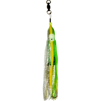 Squid Skirt Hoochie Lure - Neon Green and Silver Sparkle with Yellow Stripe Squid Skirt Hoochie Lure - Neon Green and Silver Sparkle with Yellow Stripe