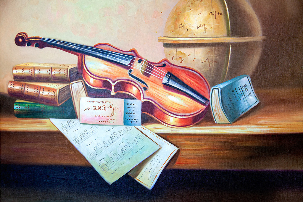 This painting showcases the musicians violin,the musical notes and books, laying on top of the desk, along  with an old grandfather s globe