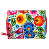 A close-up view of the Folkstar Women's Wallet featuring a white exterior adorned with a vibrant folk pattern inspired by Lowicz traditions. The wallet showcases a red zipper for the coin compartment and thoughtful internal organization, making it a stylish and functional accessory. It comes elegantly presented in a decorative cardboard box, perfect for gifting