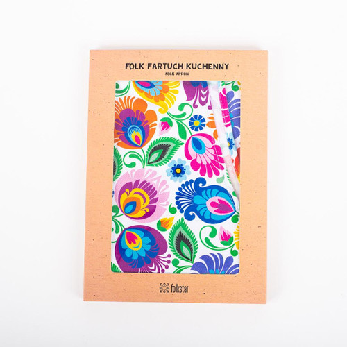White Lowicz Folk Pattern Kitchen Apron - Apron with Lowicz Folk Patterns and Floral Designs. In a decorative gift box.
