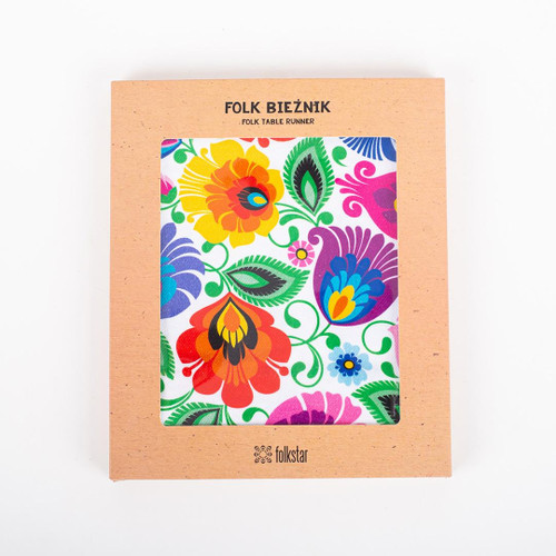 Image of Lowicz Pattern Table Runner: Vibrant Polish Decor, 100% Cotton, 40cm x 140cm, Packaged in Box.