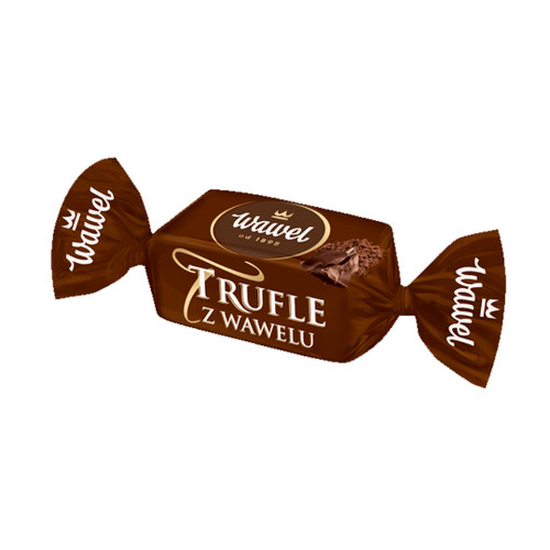 A captivating image of Wawel's Truffles In Chocolate, showcasing their glossy, decadent appearance. These truffles are a delightful blend of chocolate and a luscious cocoa filling, with a subtle hint of rum. Experience pure indulgence with every bite. Please note potential allergens: peanuts, nuts, and cereals. For allergy information, consult product details or the manufacturer.