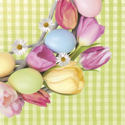 Tulips And Eggs Wreath On Green Check Paper Napkins