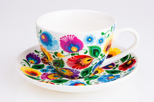 Folkstar Polish Folk Irena White Cup And Saucer - Lowicz