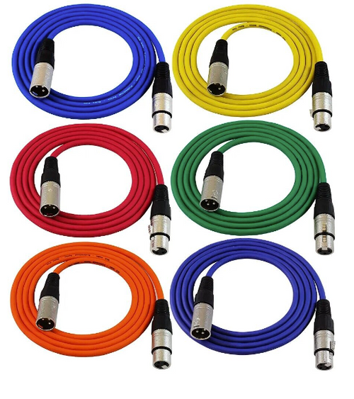 GLS Audio 6ft Patch Cable Cords XLR Male to Female Color Cables - 6 Count