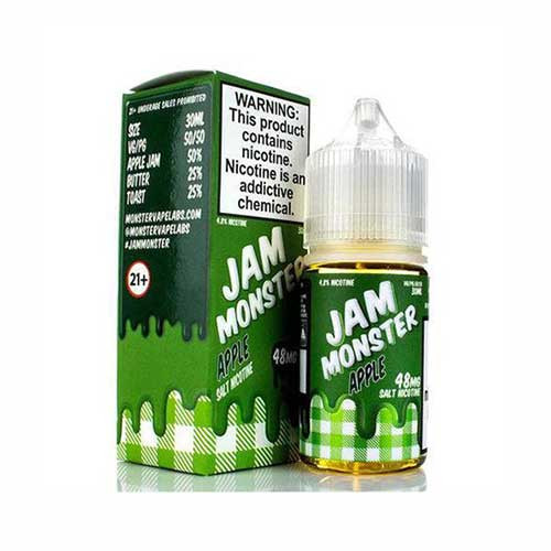 Brand: Jam Monster Flavor: Apple Salt Bottle Size: 30ml Bottle Type: Chubby Gorilla  VG/PG: 50/50 Flavor Profile: Banana / Toast / Jam / Butter Made in USA Nicotine Type: Salt Nicotine Available Nicotine Levels: 24mg / 48mg