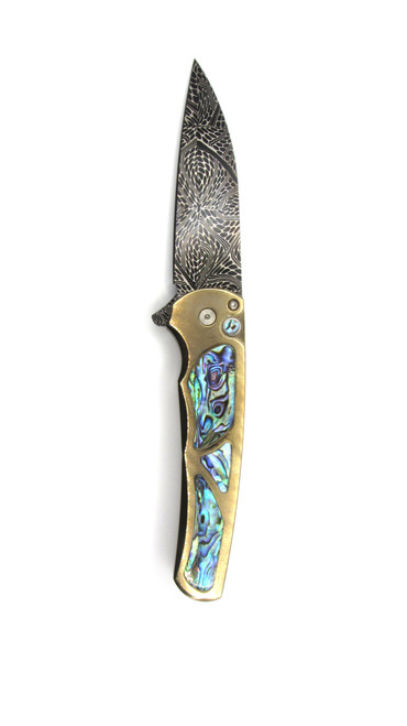 Protech Custom 010 Bronze handle, ti clip, Nichols Mosaic Damascus Wharncliffe