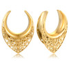 SoScene Gold Artisan filigree stainless steel saddle spreaders, gold-colored ornate earrings with intricate filigree detailing and crescent moon shape.