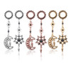 SoScene Silver Gypsy Gems Moon and Star Screw Back Stainless Steel Ear Plugs, decorative ear jewelry featuring moon and star charms in silver, rose gold, and gold finishes with gemstone accents.