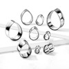 SoScene Stainless Steel Silver Teardrop Double Flared Tunnels, showing multiple sizes of silver stainless steel teardrop-shaped ear tunnels with double flared design displayed on white rods.