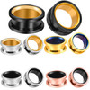 SoScene Interior colored 316L Surgical Steel Screw Fit Double Flared Tunnels, image showing various sizes and colors of ear tunnels with smooth, polished surfaces in black, silver, gold, and rose gold.