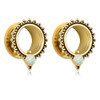 SoScene Gold Plated Opal dot screw back ear plugs, image showing a pair of gold ear hoops with decorative beaded edges and a small opal gemstone dangling from each.