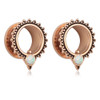 SoScene Rose Gold Plated Opal Dot Screw Back Ear Plugs, pair of decorative earrings with pearl-like opal stones and intricate beaded details.