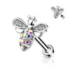 Micro CZ Paved Bee with AB Crystals on Internally Threaded 316L Surgical Steel for Labret, Monroe, Cartilage, detailed decorated bee jewelry with sparkling crystals and silver finish.