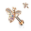 Micro CZ Paved Bee with AB Crystals on Internally Threaded 316L Surgical Steel for Labret, Monroe, Cartilage, close-up view of a rose gold-colored jewelry piece featuring a bee design adorned with sparkling crystals and AB crystals for piercing applications.