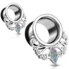 SoScene Stainless Steel Rainbow Marquise Gem Renaissance Ear Tunnels Oring back, silver ear tunnels with ornate swirl designs and colorful marquise-shaped gemstones hanging from the bottom.