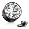 SoScene Large Center Clear CZ Black Surgical Steel Screw Fit Plugs, a black surgical steel ear plug with a large center clear cubic zirconia gemstone.