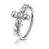 Bendable Paved Cross Nose Hoop Cartilage Ring CZ Gem Rook Daith, a silver-tone nose hoop with clear cubic zirconia stones arranged in a pave cross design.