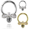 SoScene Bee Hinged Segment Ring Universal Front Facing Daith Rook Nose Hoop, close-up image of a medical-grade jewelry hoop with bee-shaped design and embedded crystals in silver and gold finishes for ear and nose piercings.