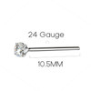 Product 925 sterling silver 24 gauge nose ring bendable pin prong set cubic zirconia, close-up of the nose ring with a sparkling cubic zirconia stone on a white background.