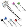 925 Sterling Silver 24 Gauge Nose Bone Stud Ring Prong Set Cubic Zirconia, image of a silver nose stud with a large clear cubic zirconia and smaller colored zirconia stones in various colors such as pink, green, blue, black, light blue, and red.