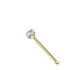Gold Plated Over 925 Sterling Silver Nose Bone Stud Ring with Prong Set Cubic Zirconia, image of a jewelry nose pin featuring a sparkling cubic zirconia stone in a prong setting on a sleek gold-toned bar.